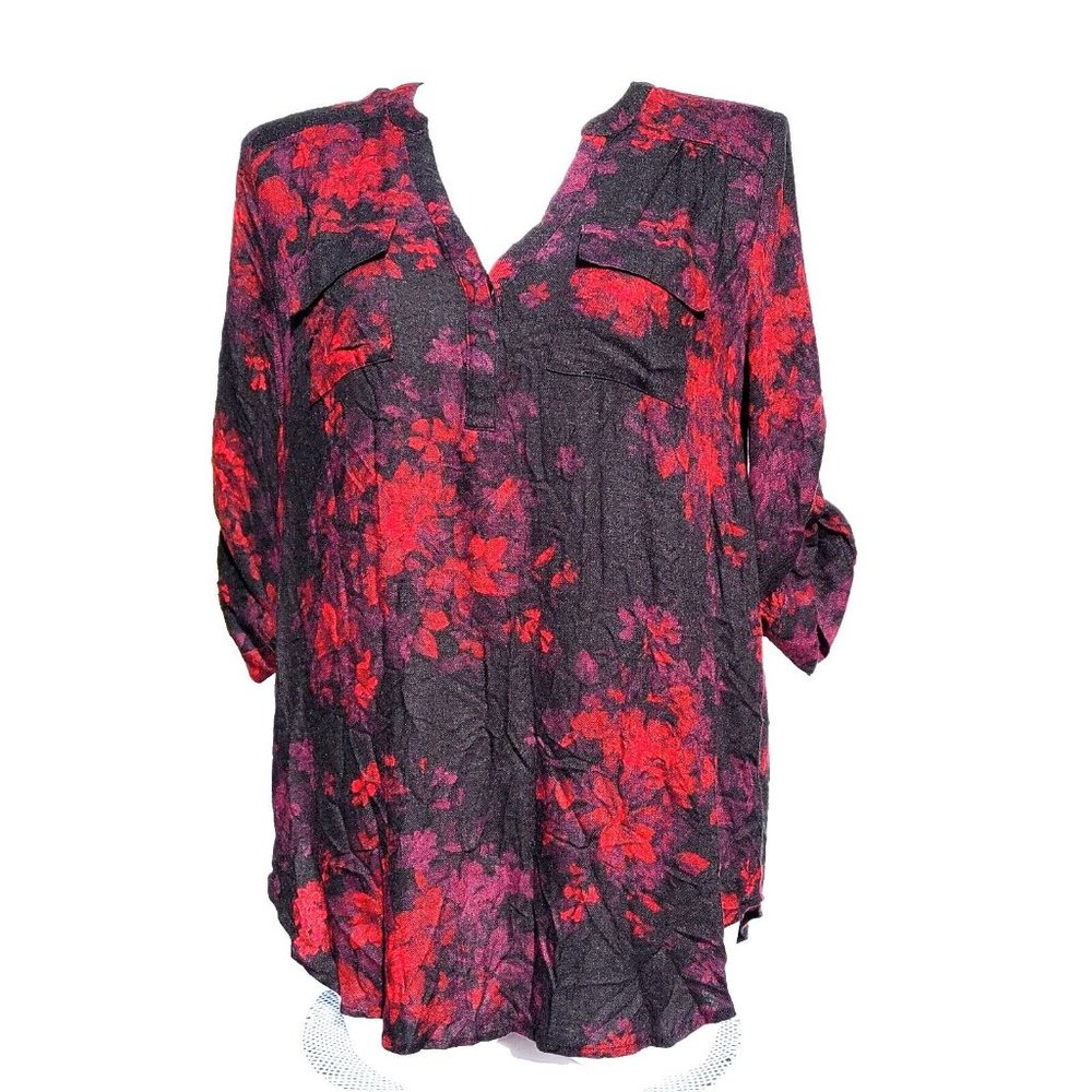 Torrid Brushed Rayon Black Floral Harper Tunic Blouse Sz 1, 1X (14/16) Red Black